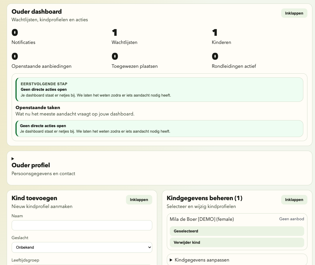 Ouderdashboard met overzicht van acties en kinderen
