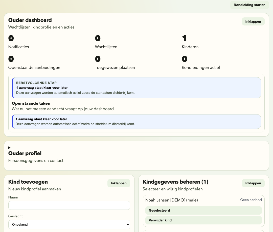 Ouderdashboard met profiel en kindbeheer