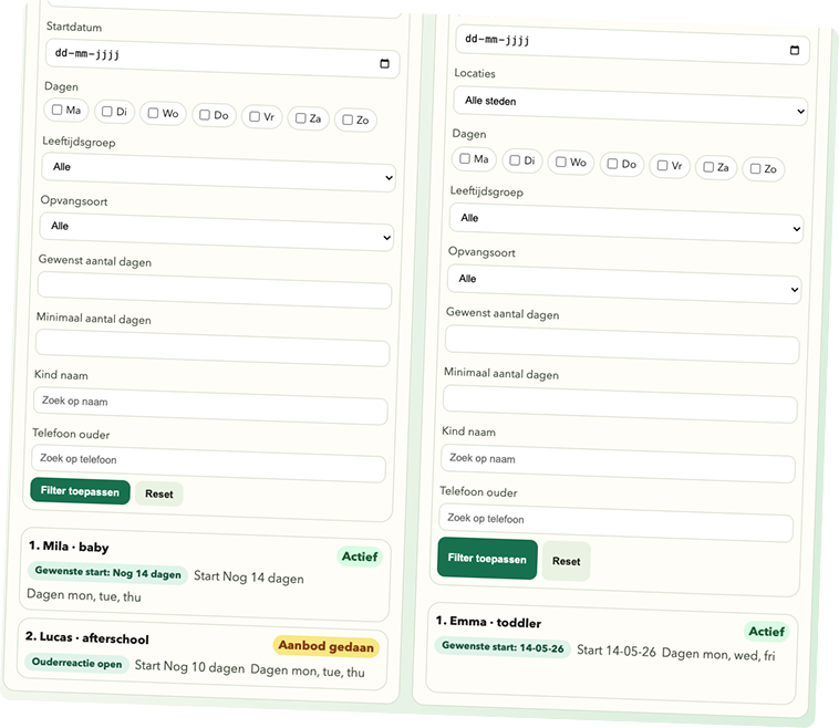 Wachtlijst en filters voor kinderopvang